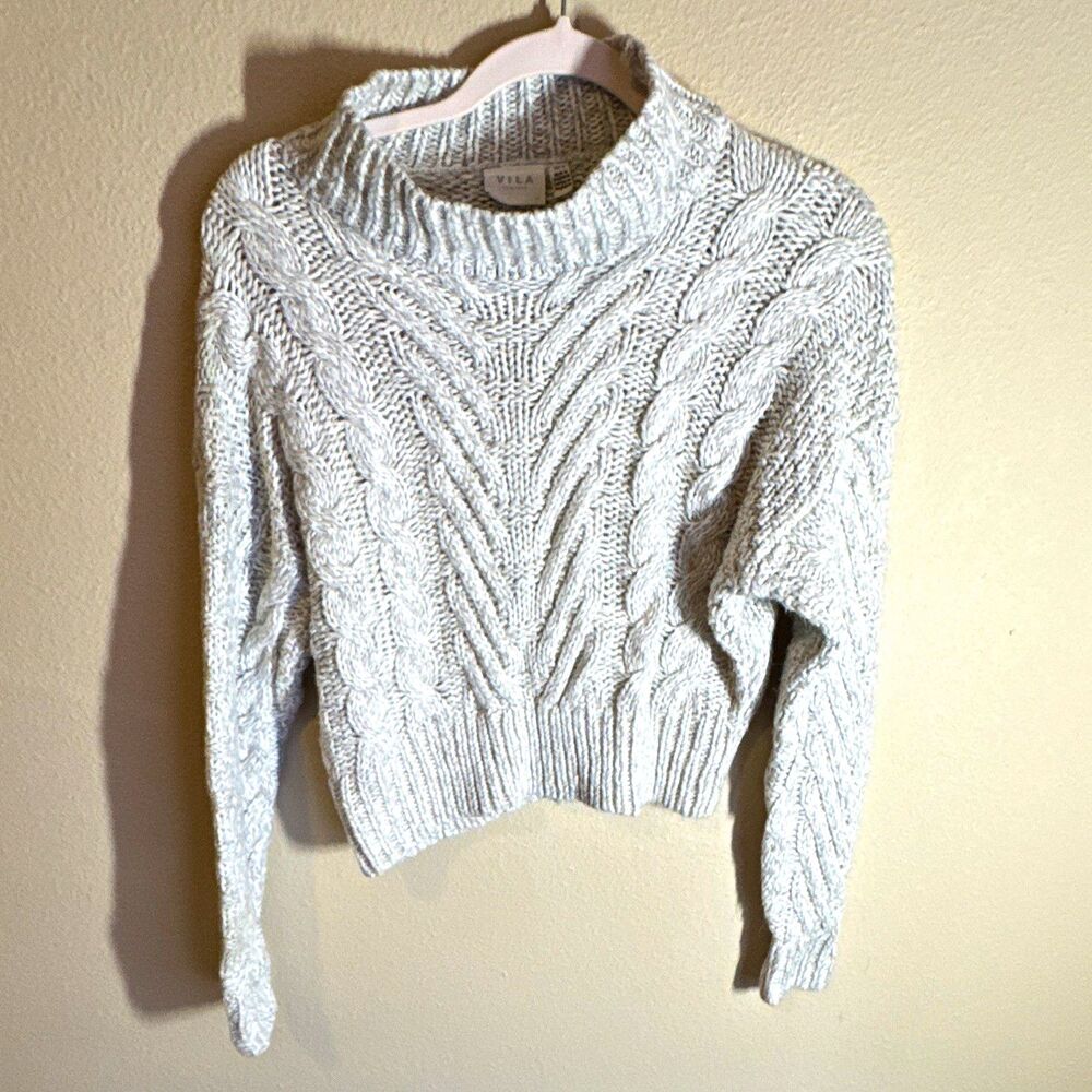 VILA Women’s Cable Knit Crew Neck Pullover Sweater Gray Size L